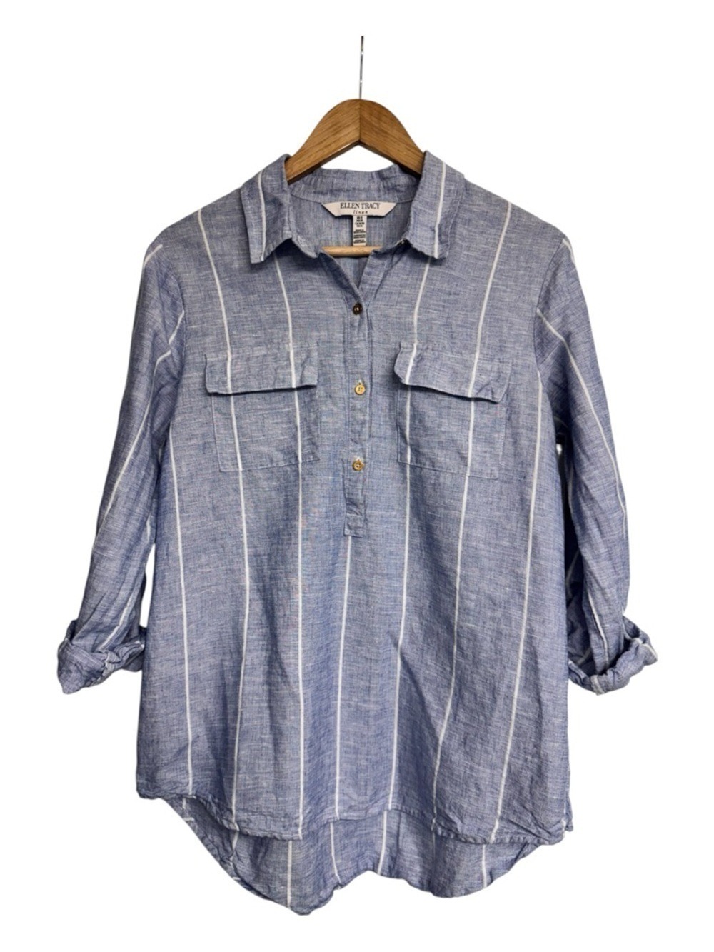 Coastal Linen Blend Striped Blouse Roll Tab Sleeve Shirt Ellen Tracy M